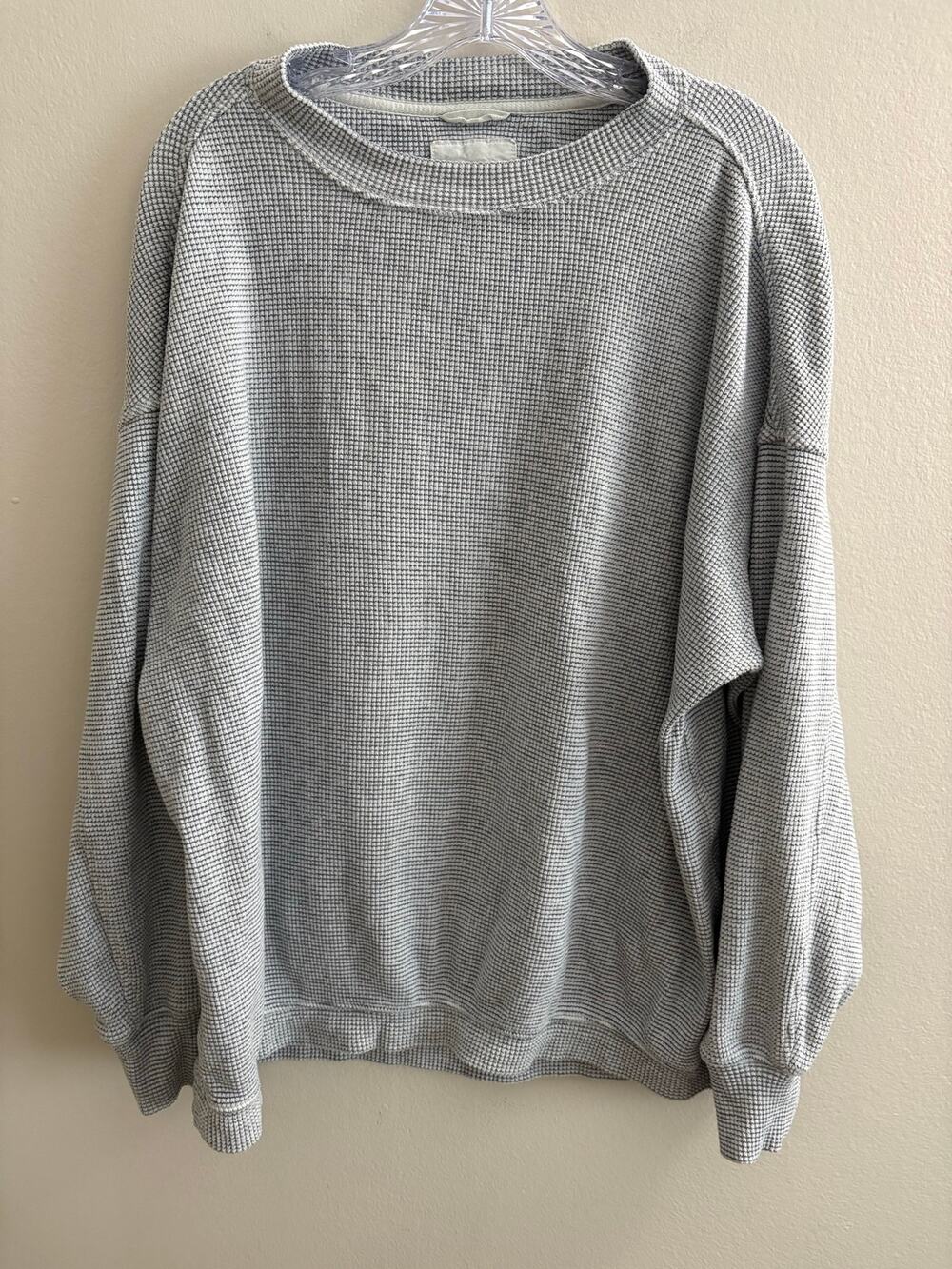 Aerie Women S Blue White Waffle Knit Thermal Oversized Crewneck Sweater Cozy